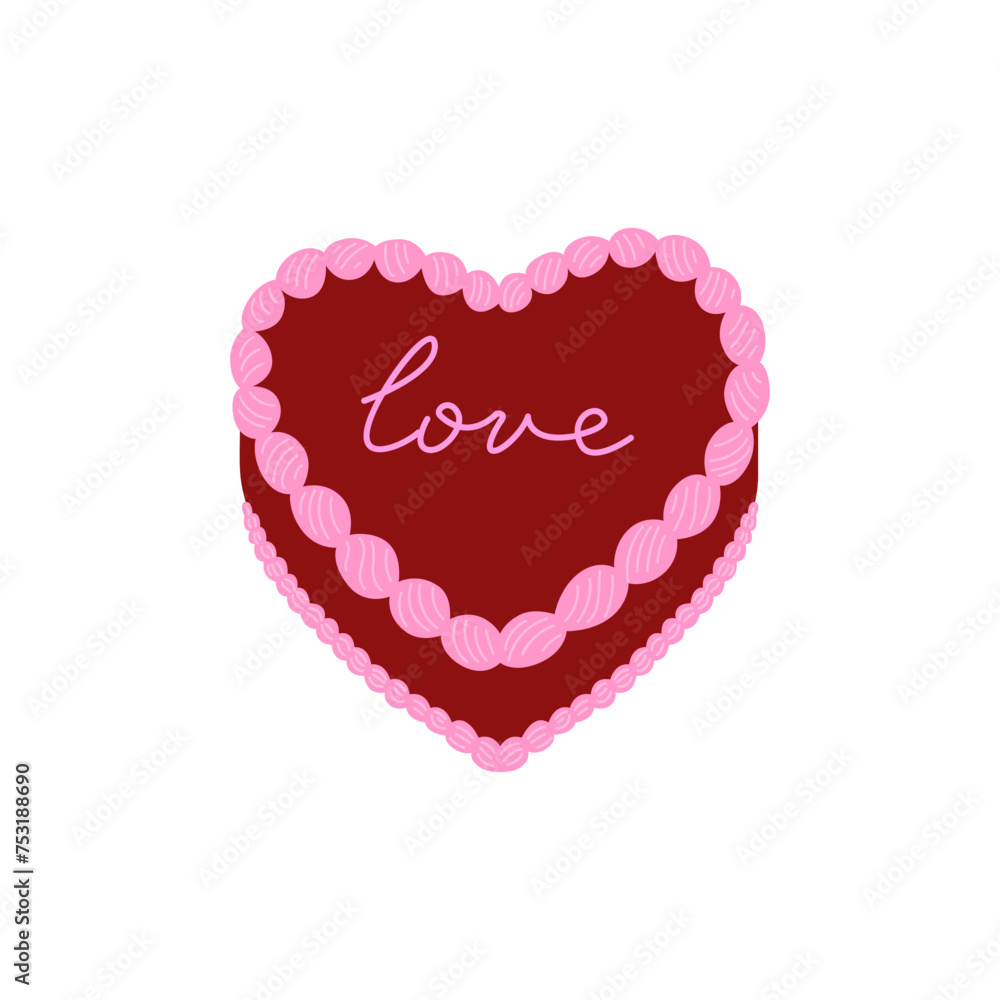 Red heart shaped cake with lettering love. Vector flat illustration on isolated background. Valentine's day holiday bento cake Red heart shaped cake with lettering love. Vector flat illustration on isolated background. Valentine's day holiday bento cake