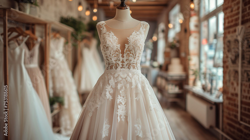Elegante Versprechen: Ein prachtvolles Brautkleid in einem Brautmodengeschäft photo