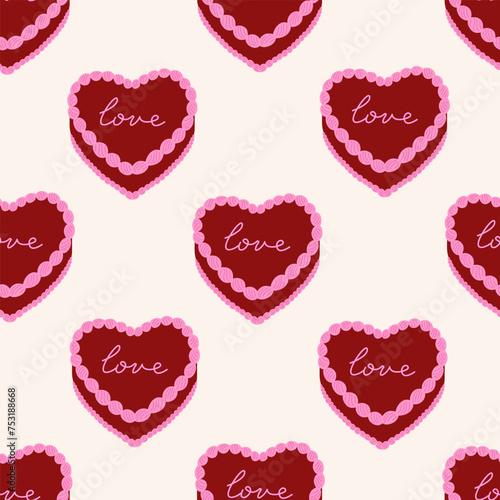 Seamless pattern with red heart shaped cakes and handwritten word love. Vector flat holiday background. Birthday, wedding, valentine's day concept