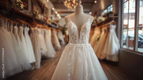 Elegante Versprechen: Ein prachtvolles Brautkleid in einem Brautmodengeschäft photo