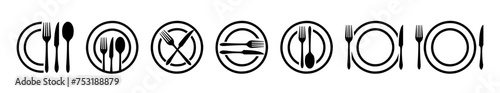 Plate icon set. Top view cutlery - fork knife spoon and serving plate design template.