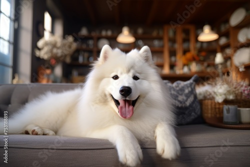 Samoyed dog is resting on the couch at home. a breed of dog with long white hair.