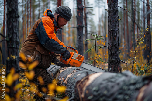 Woodcutter is cutting wood in the forest with a chainsaw