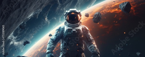 Astronaut walking in space exploring universe planets and space life, banner. Generative Ai.