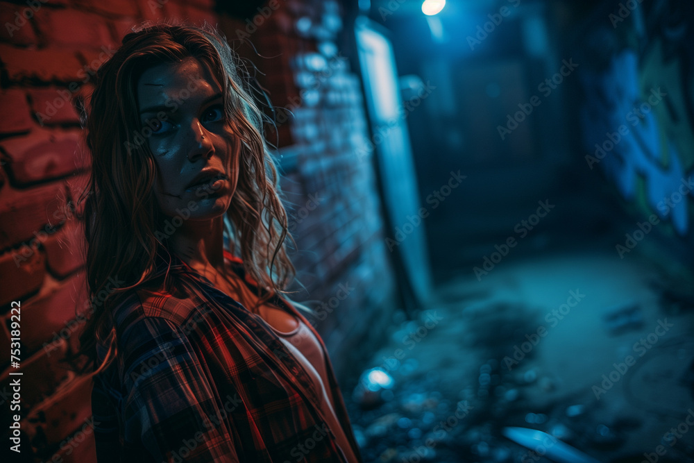 Man with knife stalking young woman on alone dark street at night Man with knife stalking young woman on alone dark street at night