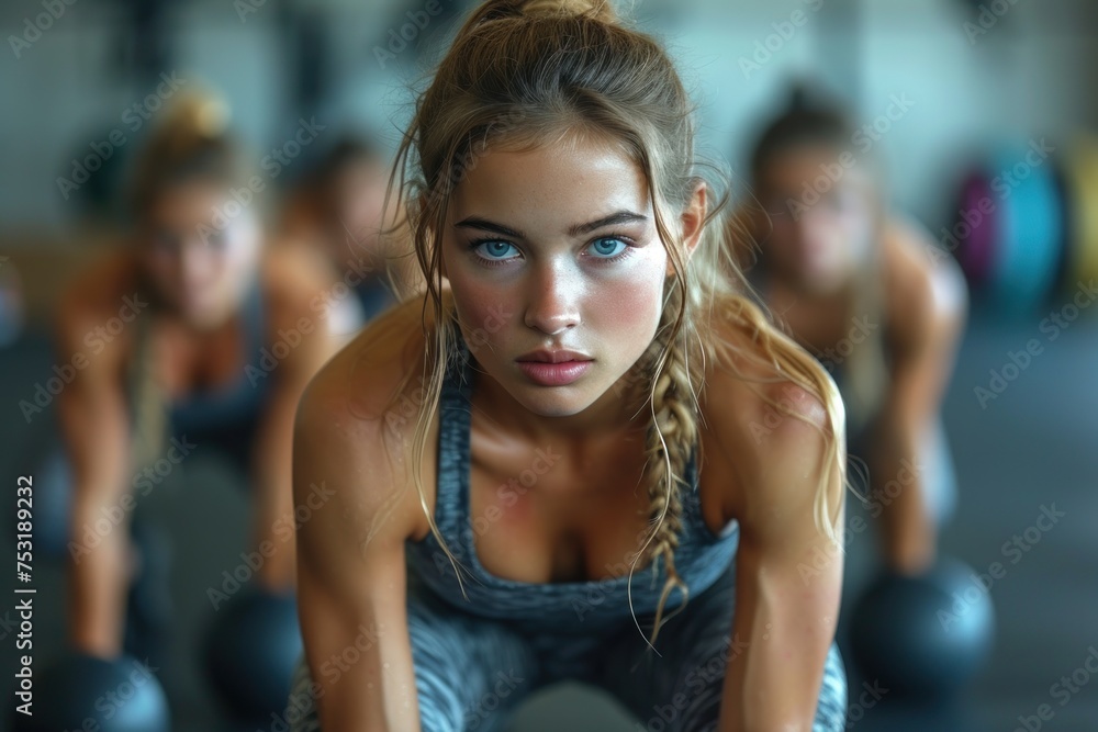 Woman performing push ups in a gym Woman performing push ups in a gym
