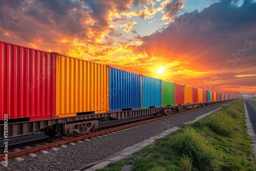 Wagon of freight train with containers on the sky background