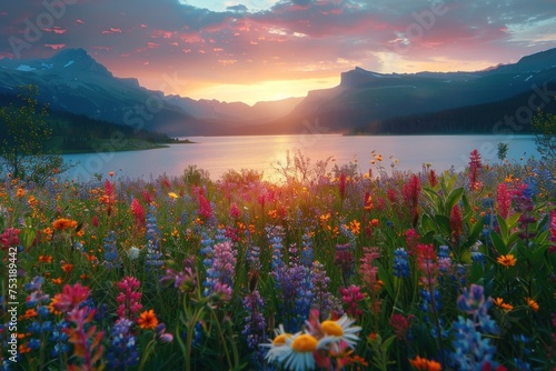 sunset overlooking the lake with colorful wildflowers