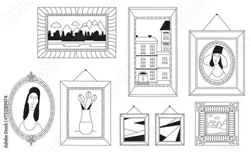 Set of decorative frames of various shapes with paintings - portrait, landscape, still life. Black and white retro design, line style, hand drawn vector illustration