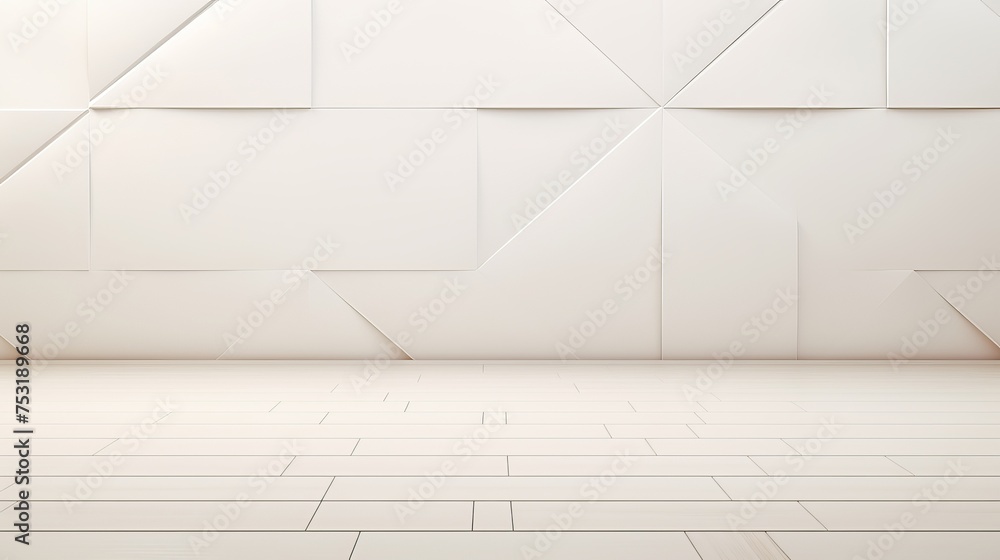 White abstract geometric background as stage with crossed lines, corners and polygon shapes as wall, wood table in soft light gradient white color in calm contemporary minimalist urban style