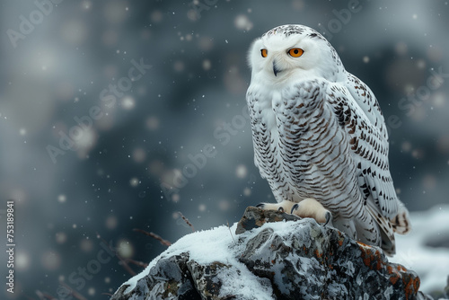 Snowy owl sitting in cold winter snow