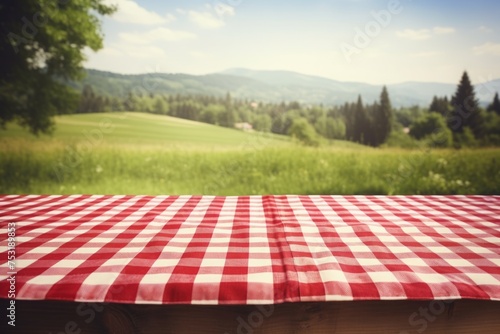 wooden table with a red checkered tablecloth on a blurred background with countryside. mockup picnic for the display of your product. photo