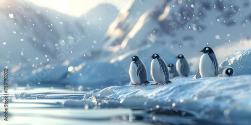 Serene Antarctic Vistas with Penguins Gracefully Encountering Winters Chill - Banner
