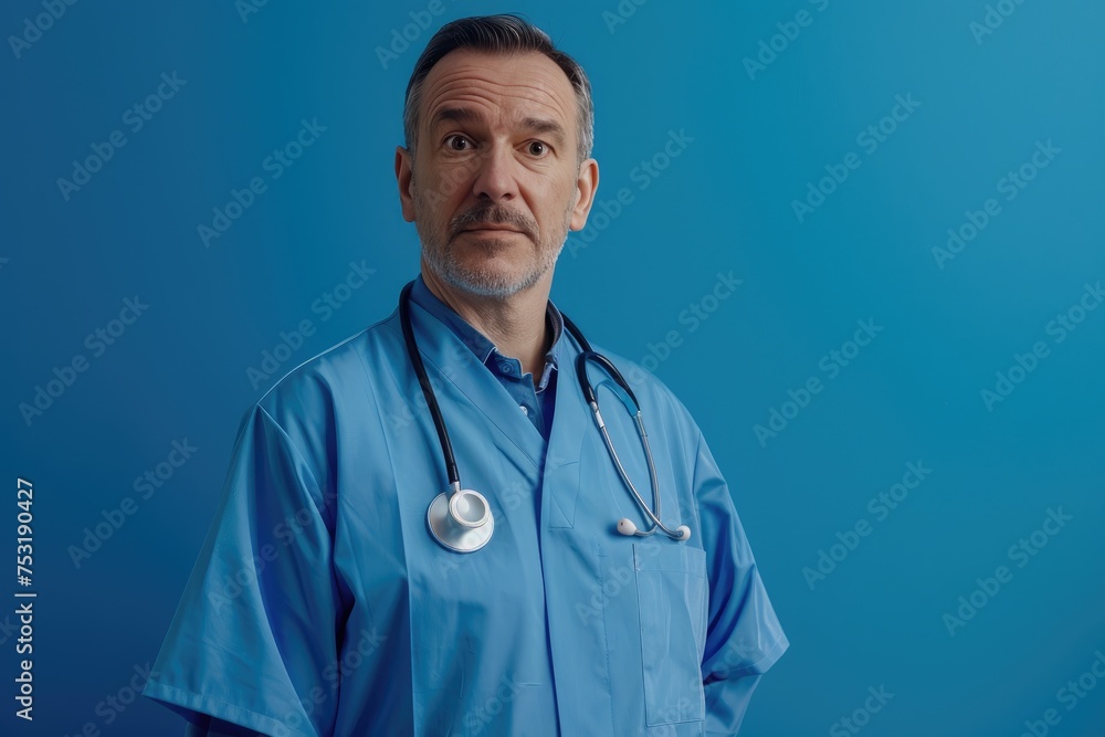 portrait of a male doctor in a blue uniform with a stethoscope on a blue background. medicine and healthcare. portrait of a male doctor in a blue uniform with a stethoscope on a blue background. medicine and healthcare.