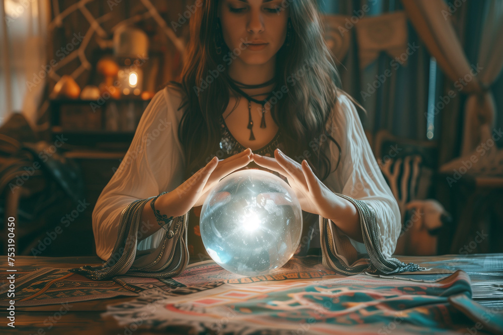 Fortune-teller woman is predicting with a shining crystal ball - obrazy, fototapety, plakaty 