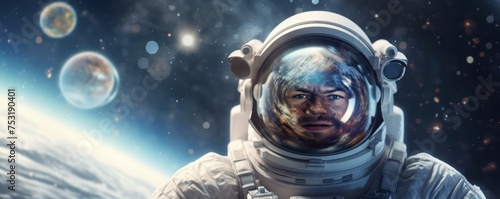 Portrait of astronaut walking in space exploring universe planets and space life, banner. Generative Ai.
