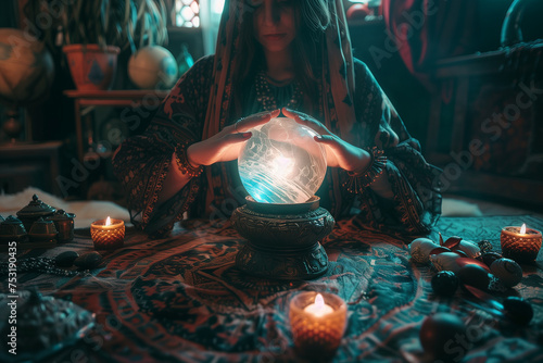 Fortune-teller woman is predicting with a shining crystal ball
