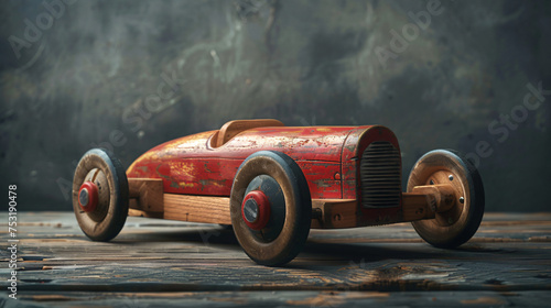 Vintage wooden toy car with intricate grain details and classic red wheels, set against a soft gray backdrop. Generative AI