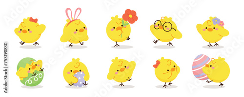 Set of cute easter chicks vector. Happy Easter animal element with yellow chicks in different pose, flower, egg, rabbit. Chicken character illustration design for clipart, sticker, decor, card.