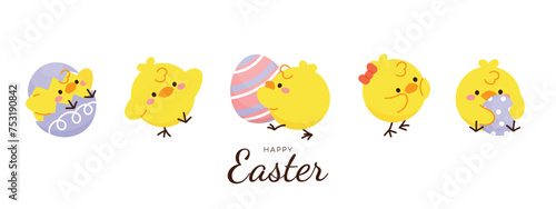Happy Easter doodle hand drawn background vector. Cute Chick wallpaper of with yellow chicks in different pose, flower, easter element. Chicken illustration for clipart, sticker, card.