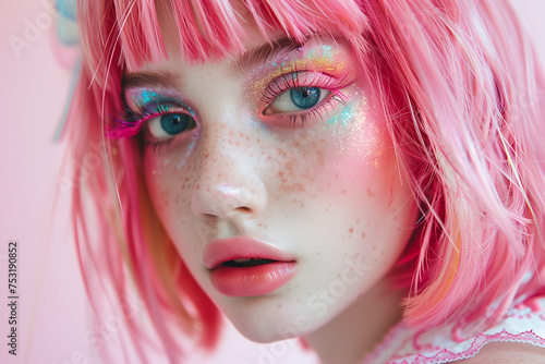 A beautiful portrait young woman with pink hair, freckles, and glittery eyeshadow