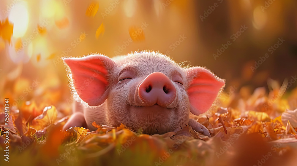 Cute pink pig basks in the sun Cute pink pig basks in the sun