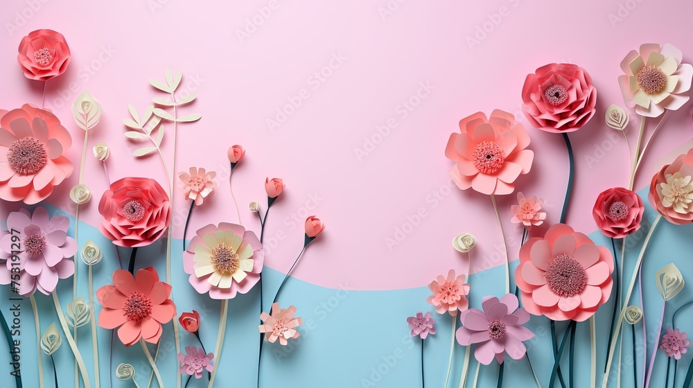 Paper spring flowers on pastel background with copy space. Abstract natural floral layout