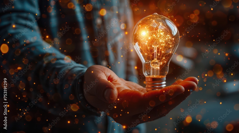Hand of businessman holding illuminated light bulb with network connection line, idea, innovation and inspiration concept. concept creativity with bulbs that shine glitter.  - obrazy, fototapety, plakaty 