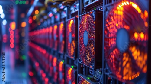 Network Server Room with Glowing Red Cooling Fans