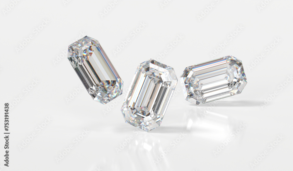Emerald Shape Diamonds group isolated on white background 3d rendering Emerald Shape Diamonds group isolated on white background 3d rendering