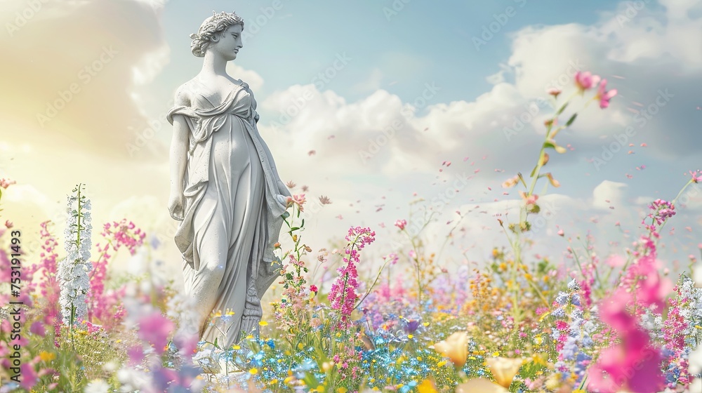 Statue of sensual Greek Renaissance Era woman with wildflowers on blue sky background