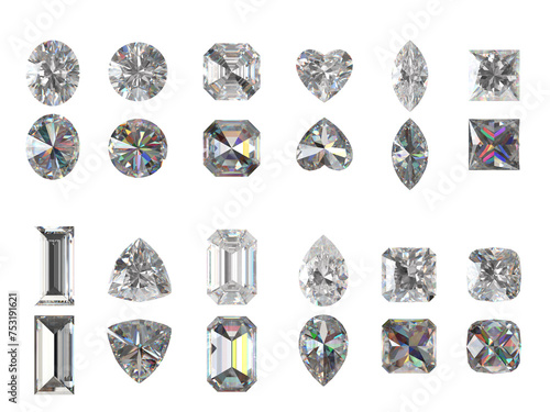 Diamonds multiple type isolated background on top and bottom view 3D rendering