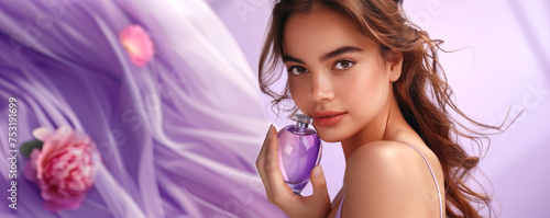Wallpaper Mural beautiful young girl with a bottle of perfume in her hands on a purple background. advertising poster or banner. space for text Torontodigital.ca