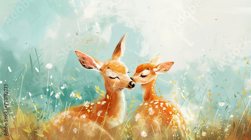 Watercolor mother deer and fawn on blue isolated background