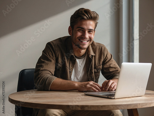 Portrait of Success: Engaged Young Professional with Laptop, engaged and focused on his work, handsome happy man
