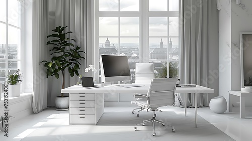Desktop Elegance Minimal Office Vibes with Screen and Stylish Decorations © EnioRBC