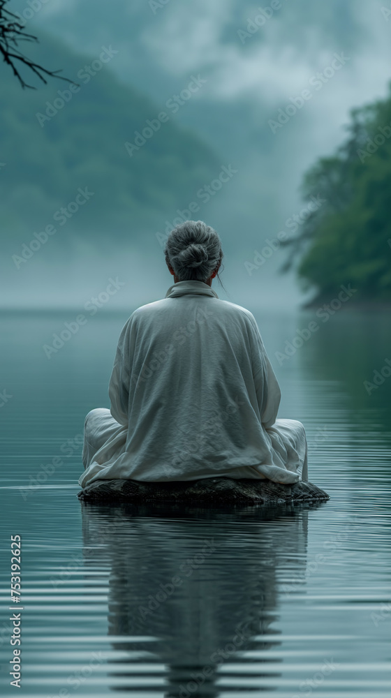 Yoga Master meditating on water surface,  mindfulness, wellness and wellbeing concept, water reflection of man in yoga lotus pose sitting alone