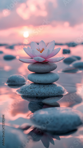 Lotus flower on Zen stones in water with reflection - peace balance meditation relaxation concept