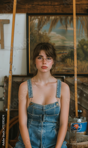 Attractive young woman with large breasts wearing overall pants
