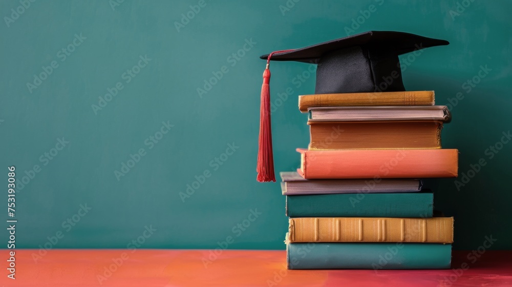 Stack of Books With Graduation Cap - obrazy, fototapety, plakaty 