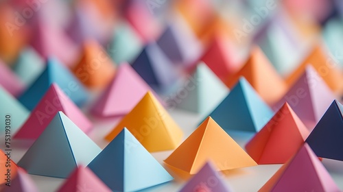 Abstract geometrical background showcases colorful paper pyramids, adding visual interest with selective focus on the vibrant shapes.