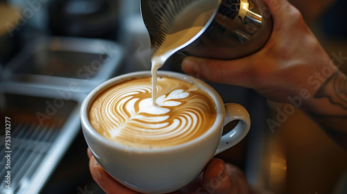 A barista skillfully pouring steamed milk into a cup of cappuccino, creating a visually appealing coffee masterpiece.