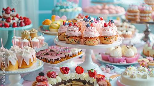 A table set with a delicious assortment of birthday treats and desserts.