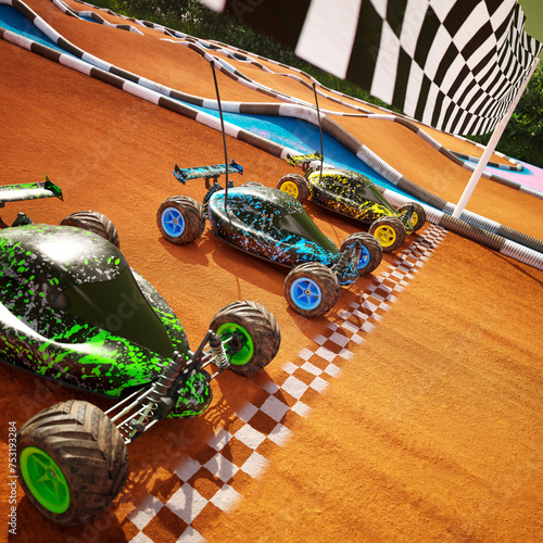 Three colourful RC-cars standing on a start line, ready for fast a toy race 4KHD