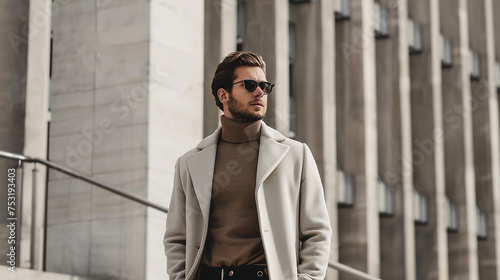 Elegant man showcasing a minimalist and monochromatic outfit, highlighting a refined and modern aesthetic.