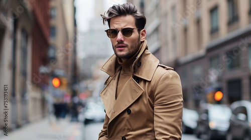 Sophisticated man in a classic trench coat, creating an effortlessly chic and refined street style.
