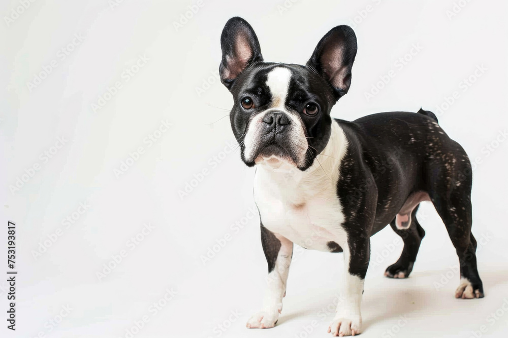 A French Bulldog stands proudly against a pristine white backdrop