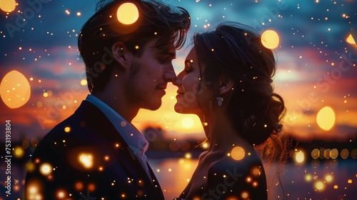 Couple Kissing Under Lantern-Filled Sky
