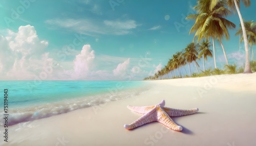 a calm and beautiful view of the beach with a starfish in the foreground