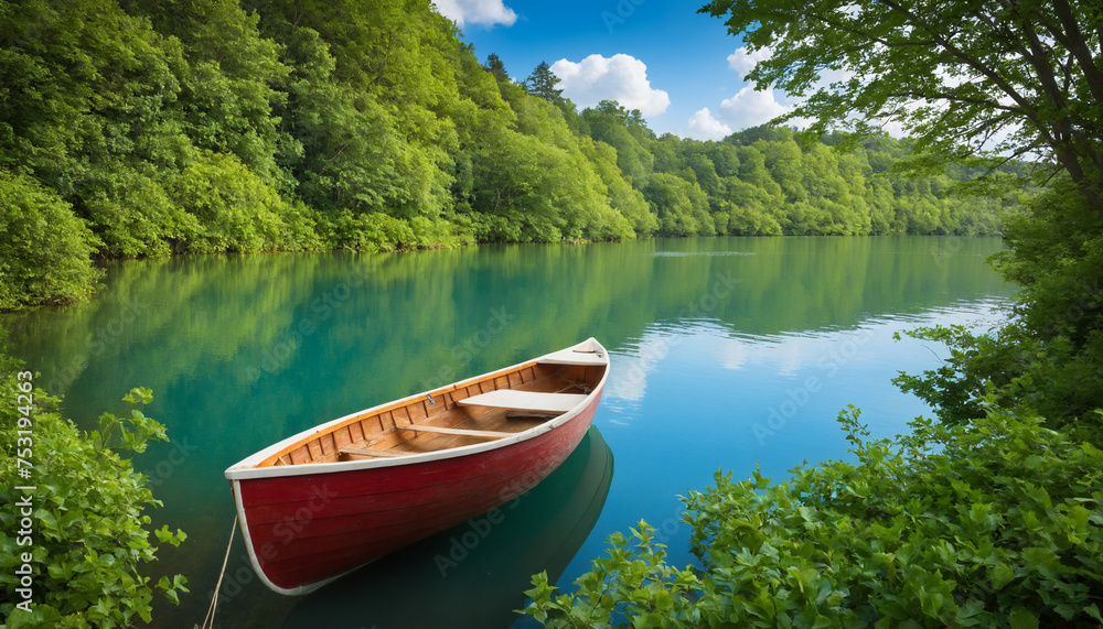 A tranquil lakeside scene with a lone rowboat floating on calm waters, framed by lush greenery and set against a sky-blue background, capturing the serenity of nature's beauty
